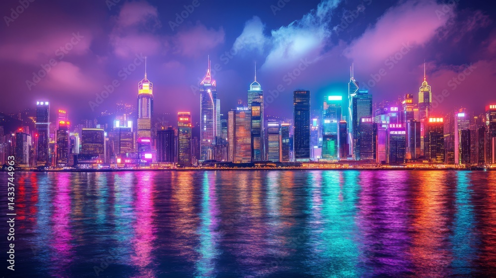 Fototapeta premium Vibrant Night City Skyline with Colorful Reflections