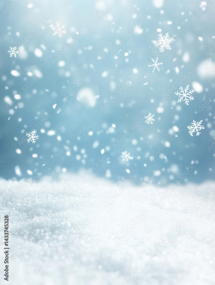 Winter snowflakes falling on snow-covered ground with soft blue background and bokeh effect, creating a peaceful cold weather winter scene and festive holiday atmosphere Winter snowflakes falling on snow-covered ground with soft blue background and bokeh effect, creating a peaceful cold weather winter scene and festive holiday atmosphere