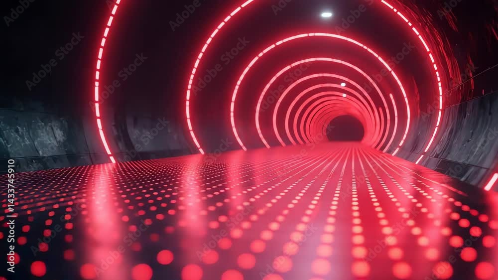 Red circular tunnel with glowing lights.