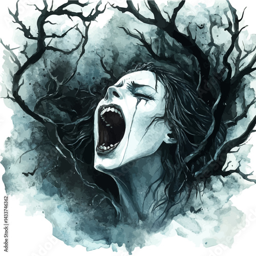 Banshee Screaming In A Dark Forest, watercolor vector, isolated on a white background.