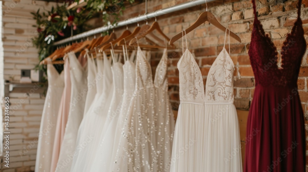 White and burgundy dresses hang on display, with delicate lace and texture before a wedding event White and burgundy dresses hang on display, with delicate lace and texture before a wedding event