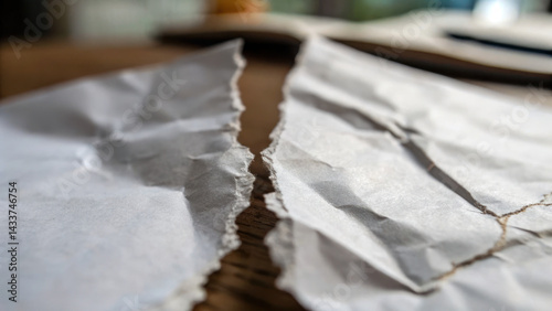 Torn paper pieces on wooden surface, showcasing texture and detail of tear, evoke sense of frustration and imperfection