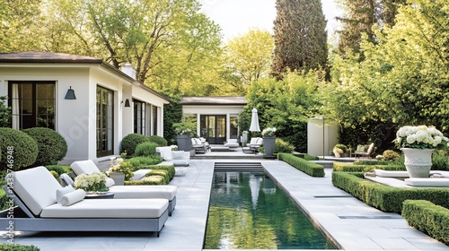 Luxurious backyard oasis with a swimming pool and lounge area. Lush greenery surrounds modern architecture