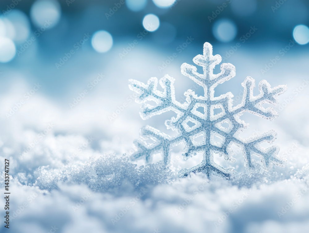 Close-up of a detailed sparkling snowflake resting on snow-covered ground with soft bokeh background highlighting winter season and cold weather themes Close-up of a detailed sparkling snowflake resting on snow-covered ground with soft bokeh background highlighting winter season and cold weather themes