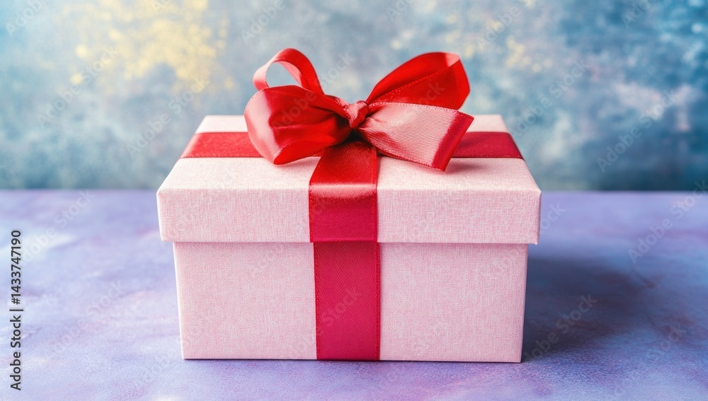 Fototapeta premium Pink gift box with red ribbon bow.