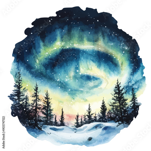 illustration of Aurora Borealis In The Arctic Sky, watercolor vector, isolated on a white background.