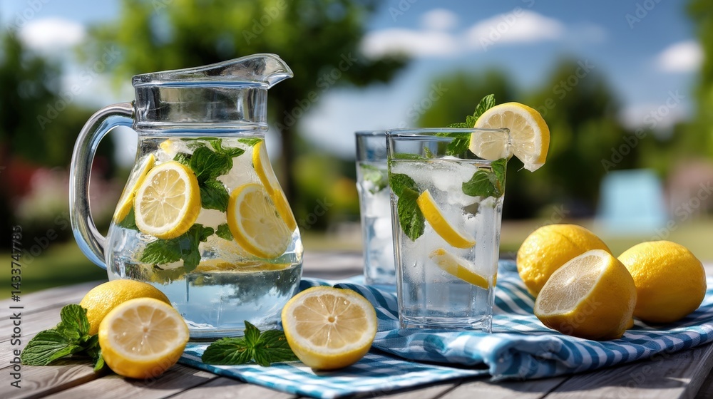 A pitcher of water with lemon slices A pitcher of water with lemon slices