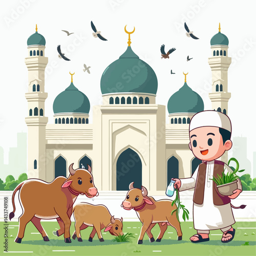 A young boy, caring for cattle, in front of a mosque.