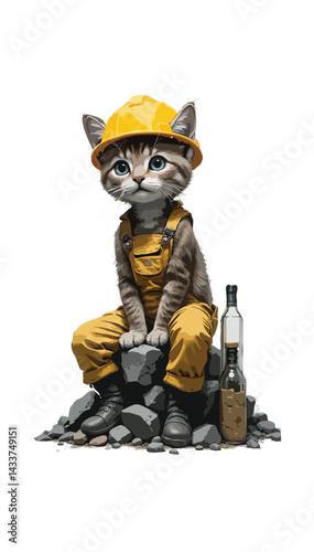 A Cute Cat Construction Worker with a Drink
