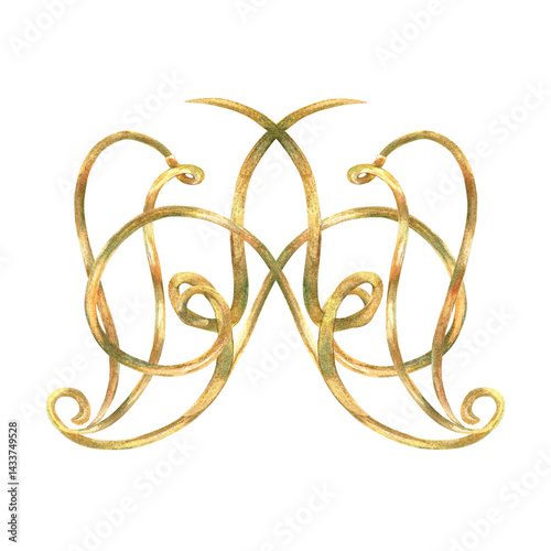 Gold ribbons ornament of vibrant collection. Curls, ribbons elements hand-painted in watercolor with gold paint accents. Isolate is presented for textiles, wallpaper, prints, packaging