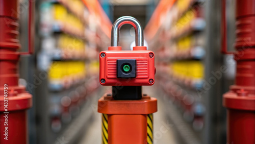 Red lock secures industrial power plant area with safety barriers and equipment in focused and secure environment photo