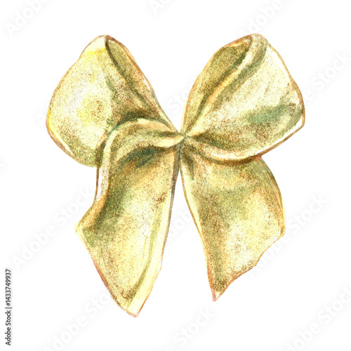 Gold bow from vibrant collection of ribbons, curls. Hand-painted in watercolor with gold paint accents. Isolate element is presented for decorating and designing textiles, wallpaper, prints, packaging