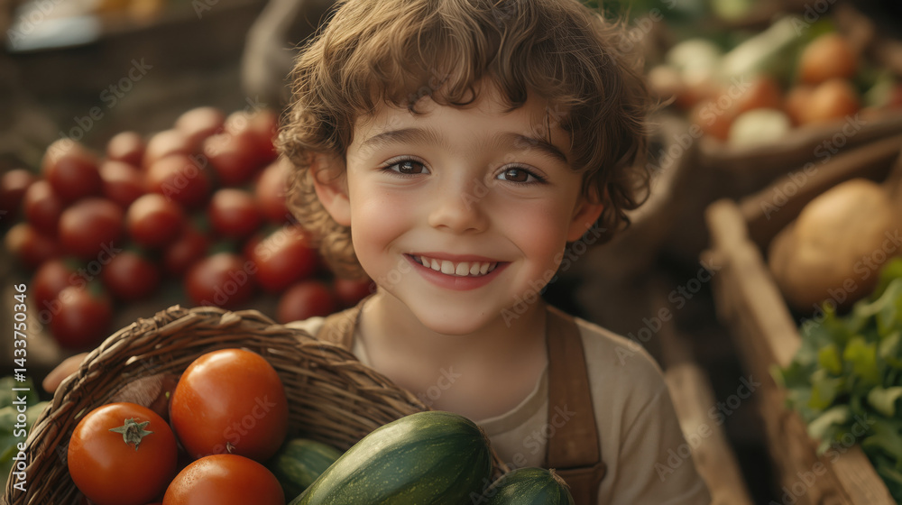 Fototapeta premium a kid smiling at camera while holding a basket of fresh produce