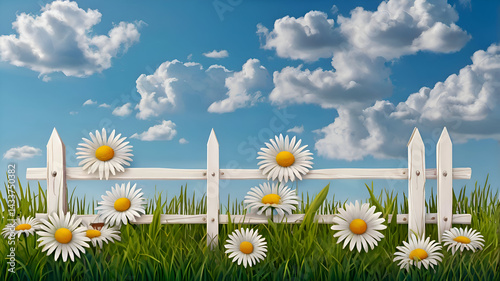 daisies of sky, Wooden white fence, flowers and grass, Vector illustration, Summer banner poster template, place for text, Paper cut clouds in blue spring sky,