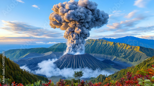 Dramatic Volcanic Eruption Over Mountainous Landscape