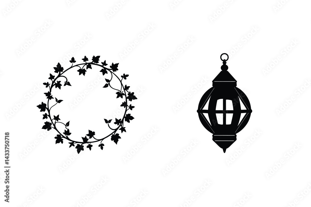 Fototapeta premium Black Silhouettes Of Ornamental Wreath And Lantern Decor Elements Isolated On White