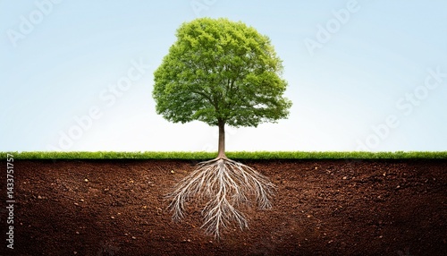 tall isolated tree with roots visible in the soil soil solitary leaf