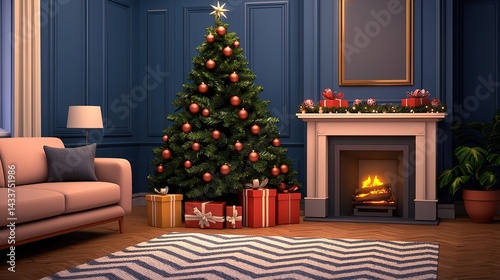 Cozy living room christmas scene with decorated tree and fireplace holiday atmosphere indoor comfort