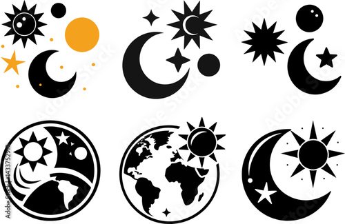 Collection of celestial bodies including moons, stars, suns, and earth in black and gold tones rite