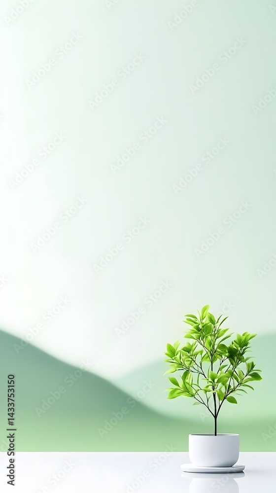 Obraz premium A small potted plant sits on a white surface against a blurred, green landscape background
