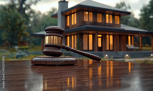 A wooden gavel rests in front of a modern house, symbolizing real estate law, auctions, property sales, or legal decisions.