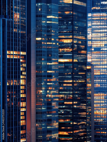 Modern skyscrapers with glass facades reflecting city lights du twilight in a bustling urban environment showcasing architecture and urban development