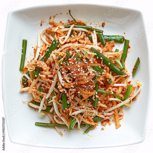 A white square plate with green bean sprouts with vegetables