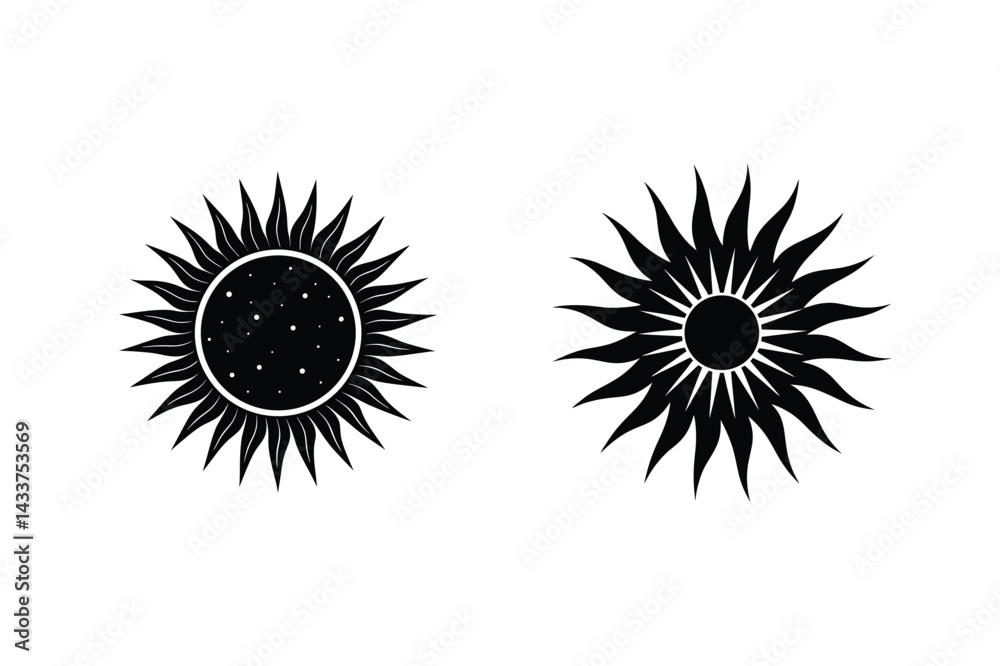 Fototapeta premium Stylized Sun Icons Mystical Celestial Black Shapes Graphic Elements Isolated
