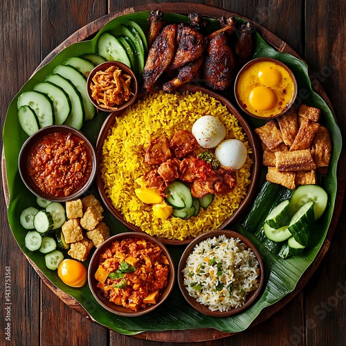 Turmeric Rice Feast:  Southeast Asian Cuisine Platter with Roasted Chicken & Garnishes