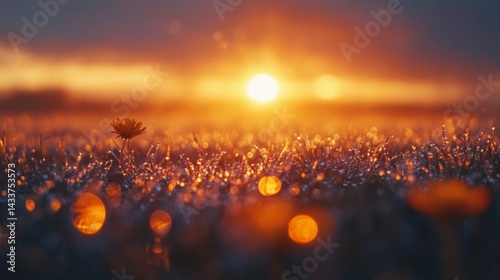 Sunrise Over Dew-Covered Field with Single Flower