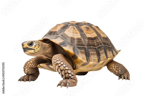 A detailed studio shot of a radiated tortoise with its patterned shell on a transparent background view from front png