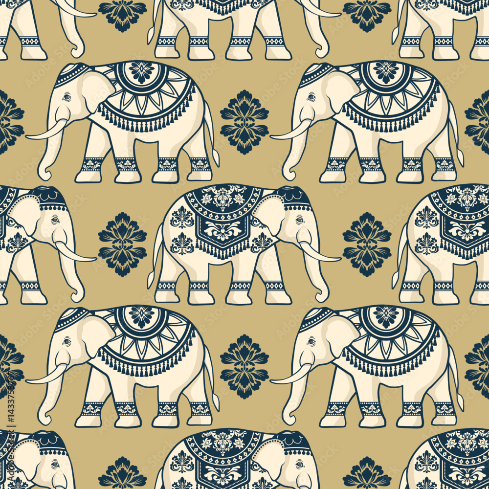 Asian elephants seamless pattern. Traditional asian style with damask element on warming color tone background. Vector design for wallpaper, background, fabric, textile, batik and embroidery.