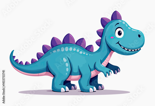 Cute Blue Dinosaur Graphic: Flat Vector Illustration with Simple Shapes and Purple Details on a Clean White Background
