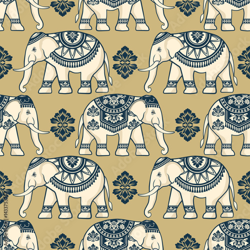Asian elephants seamless pattern. Traditional asian style with damask element on warming color tone background. Vector design for wallpaper, background, fabric, textile, batik and embroidery.