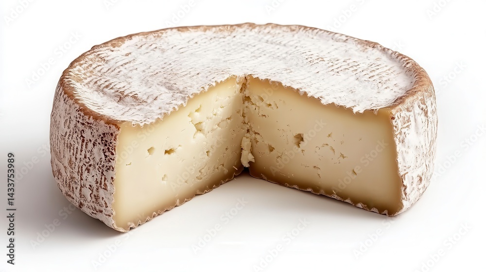 Half a round of creamy, pale yellow cheese with a bloomy rind, isolated on white. Half a round of creamy, pale yellow cheese with a bloomy rind, isolated on white.