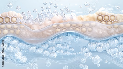 Hydrated skin layers, bubbles, water, skincare, cosmetic ad