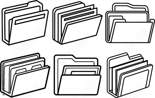 Collection of six open file folders with documents inside in black and white outline style icon set rite