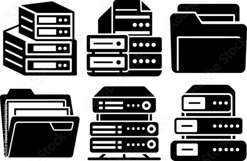 Illustration showing multiple server stacks and file folders in a black and white vector format rite