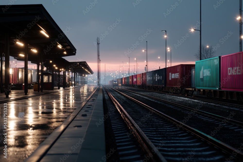Obraz premium Train Station Platform with Train Cars and Tracks at Dusk