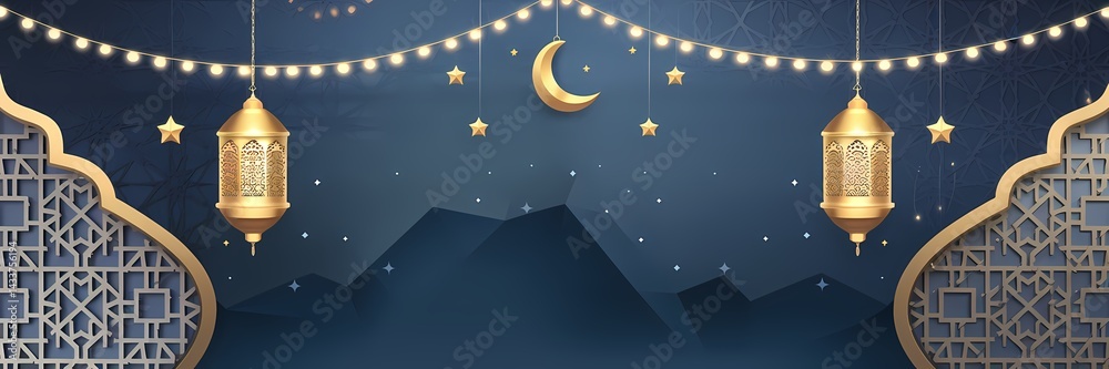 Naklejka premium Mesmerizing Ramadan Background with Deep Blue Gradient Islamic Ornaments Golden Lanterns Soft Glowing Crescent Moon Enhancing Sacred Atmosphere of the Holy Month with Elegant Minimalistic Decorations