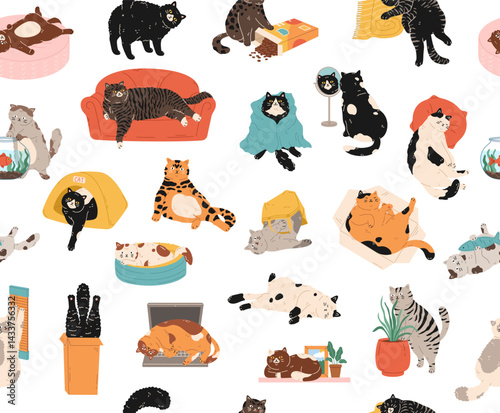 Seamless pattern with funny cute cat. Hand drawn backdrop of pet kitten home life. Cartoon colorful background for print, wrapping paper, textile, wallpaper, fabric. Flat vector illustration