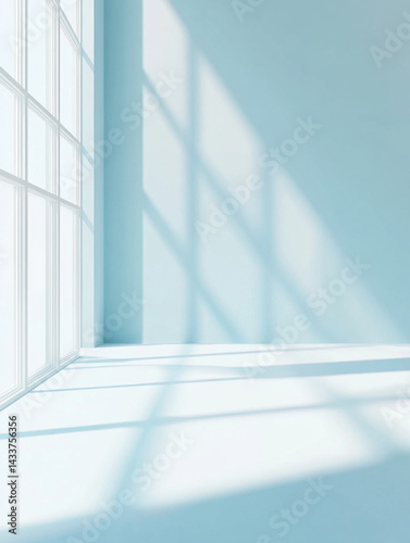 Bright sunlight streaming through large window casting long shadows on empty room with blue walls and modern design, natural light interior shot