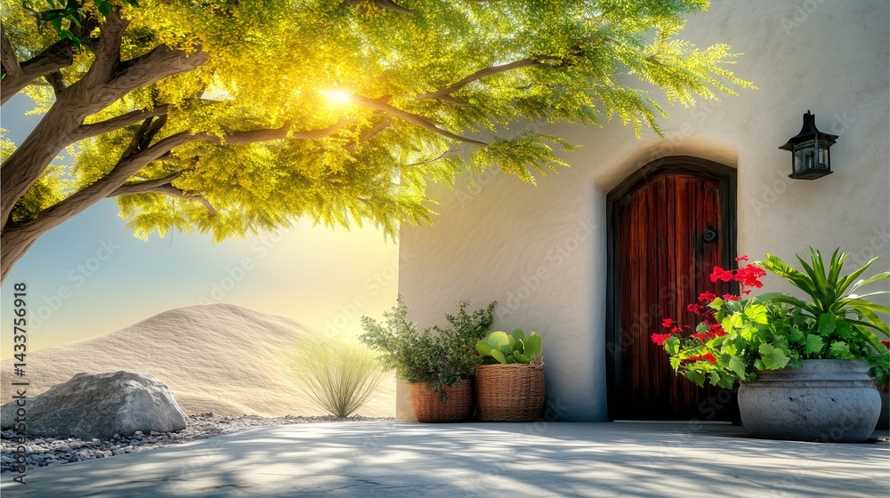 Obraz premium Close-up desert homes with Desert-style adobe house with earthen walls and wooden door, authentic desert-style adobe house close-up architecture, unique curved desert-style adobe house under sunlight