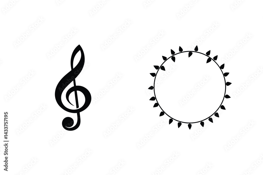 Fototapeta premium Treble Clef And Floral Circle Frame Isolated On White Background
