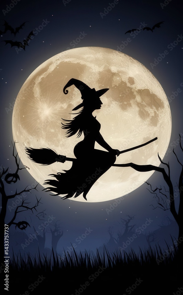 A witch is riding a broomstick over a full moon. The image has a spooky and mysterious mood, evoking the feeling of being in a dark forest at night A witch is riding a broomstick over a full moon. The image has a spooky and mysterious mood, evoking the feeling of being in a dark forest at night