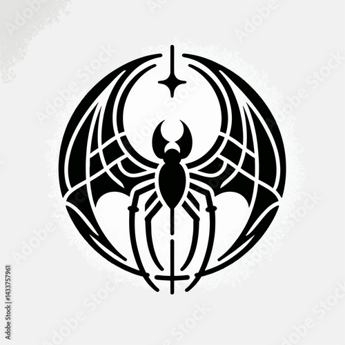 A spider with bat wings, encircled in a circular pattern, creating a stylized symbol.