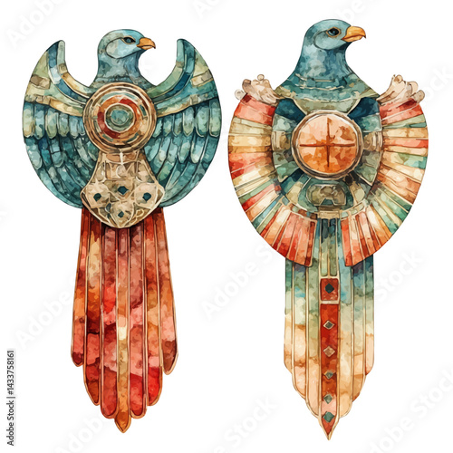Assyrian Decorative Shields, watercolor vector, isolated on a white background.