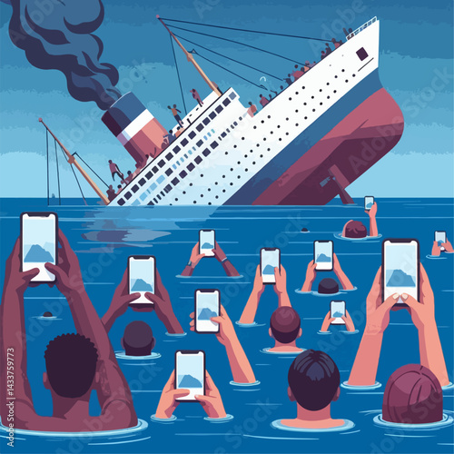 A sinking ship, with people documenting the tragedy via smartphones.
