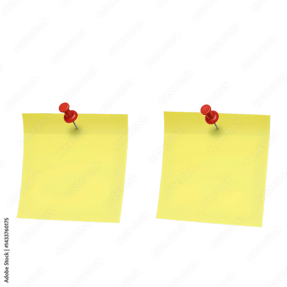 Two Yellow sticky note with red pushpin isolated on transparent background Two Yellow sticky note with red pushpin isolated on transparent background