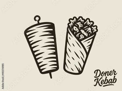 Doner skewer and wrap illustration with text, in vintage vector style